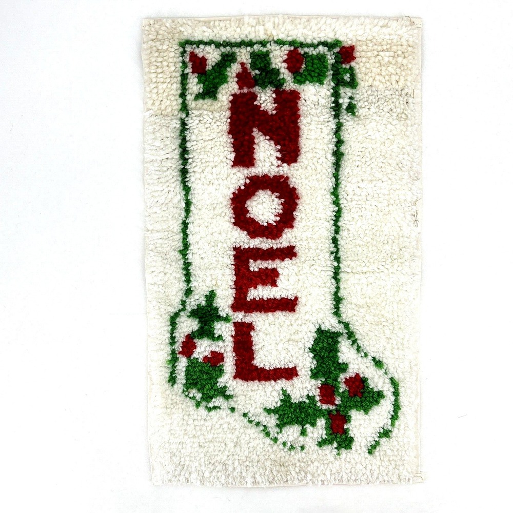 Vtg Latch‎ Hook Rug Wall Hanging NOEL Stocking Mistletoe 26x15 Complete READ*